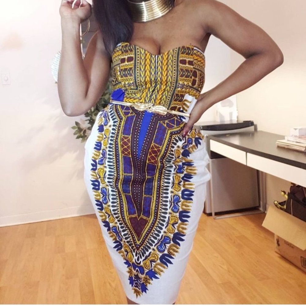 Strapless knee length white dashiki dress